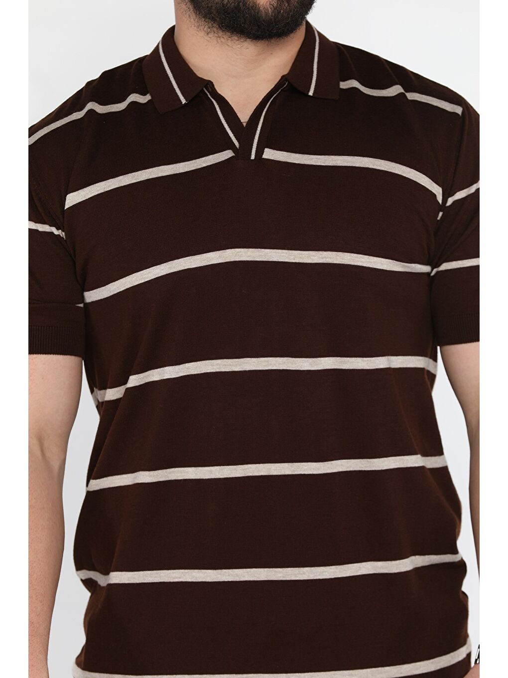 Kahverengi Erkek Polo Yaka Çizgi Desenli Triko Tişört-3