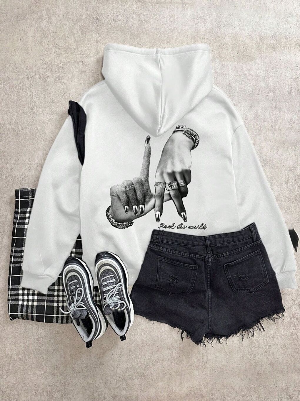 Kadın Beyaz Rock The World Baskılı Oversize Kapüşonlu Sweatshirt Hoodie-1