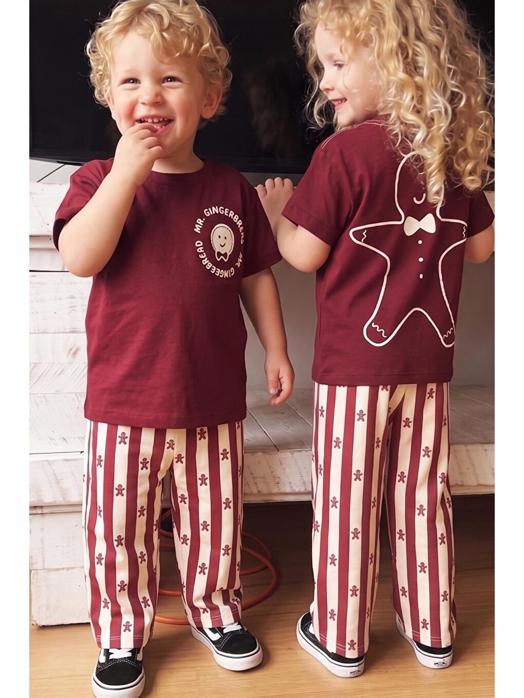 Kız Çocuk Pamuklu Bordo Kurabiye Baskılı T-Shirt Ve Eşofman Alt Üst Takım-3