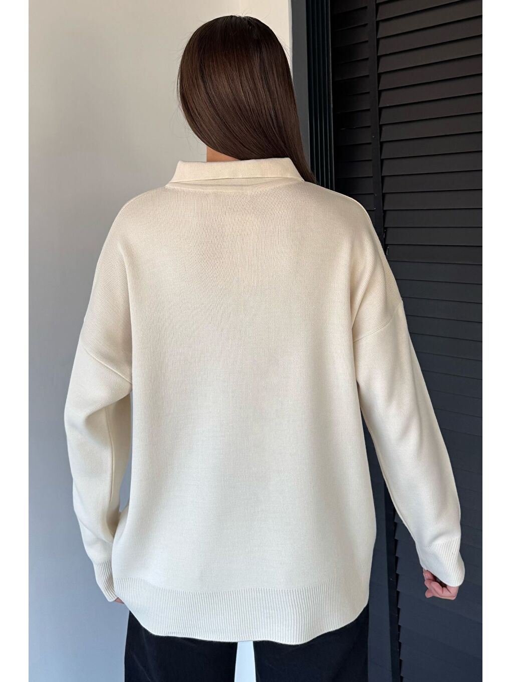 Ekru Kadın Yarım Düğmeli Triko Kazak-6