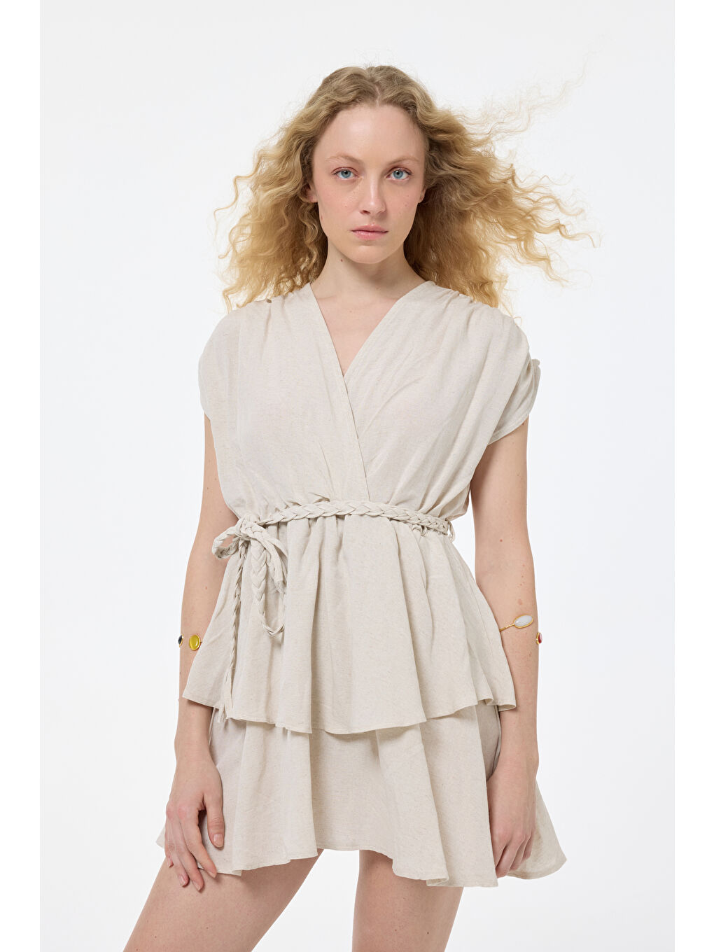 Bej Örgü Kemerli Piliseli Keten Elbise Naturel-2