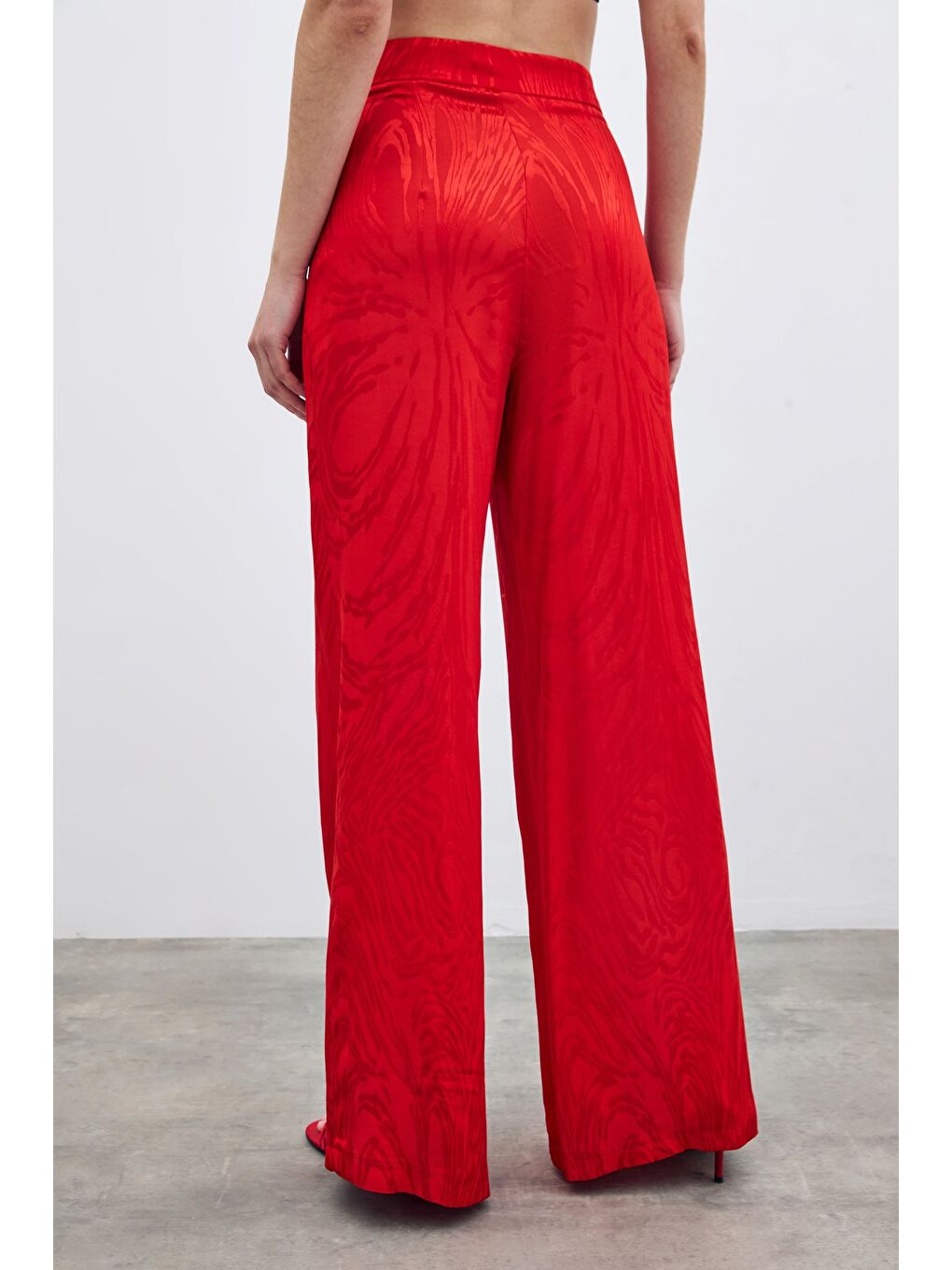 Yüksek Bel Desenli Pantolon - Kırmızı-5