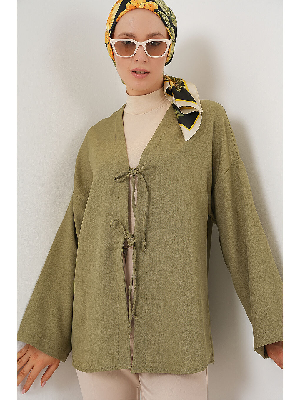 Yeşil Keten Tesettür Kimono 5968 - Çağla