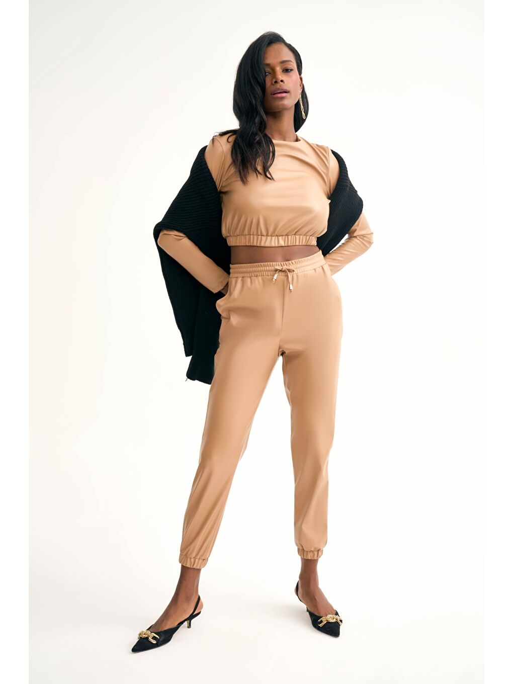 Deri Jogger Pantolon - Bej-1