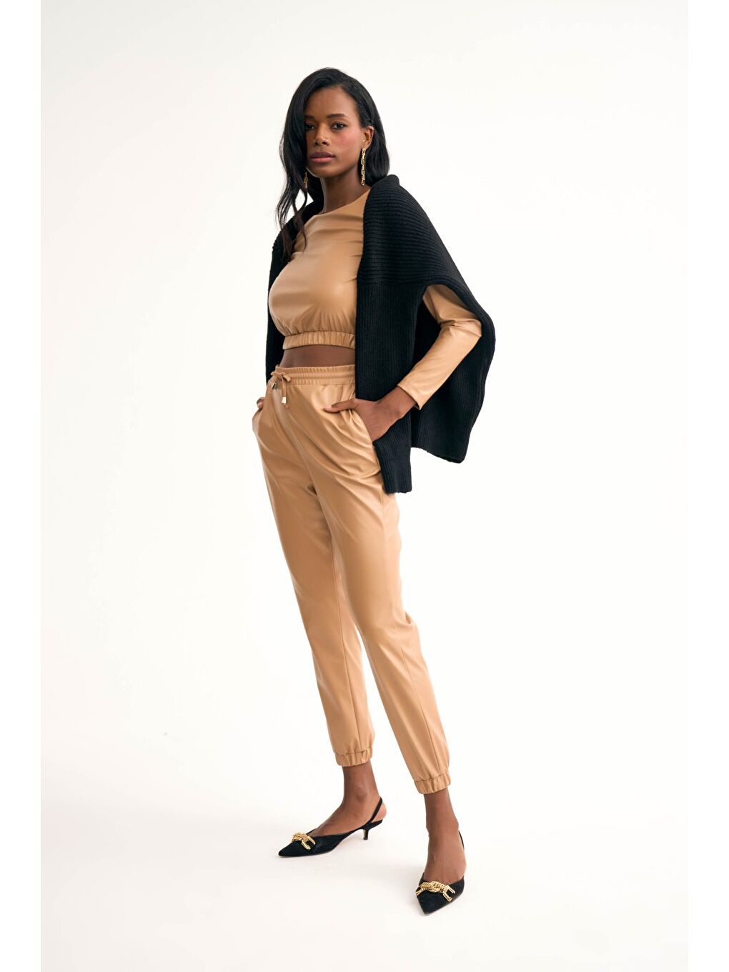 Deri Jogger Pantolon - Bej-2