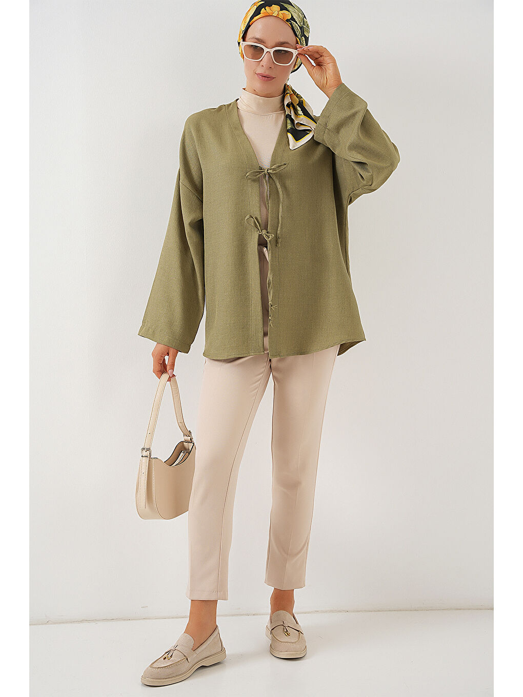 Yeşil Keten Tesettür Kimono 5968 - Çağla-1