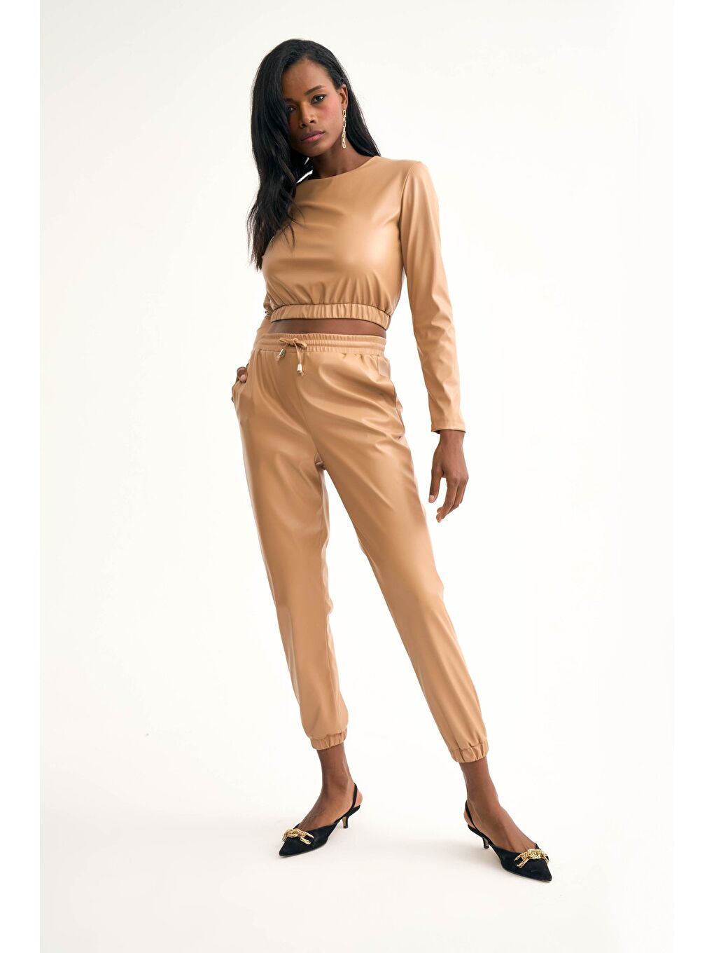 Deri Jogger Pantolon - Bej-3