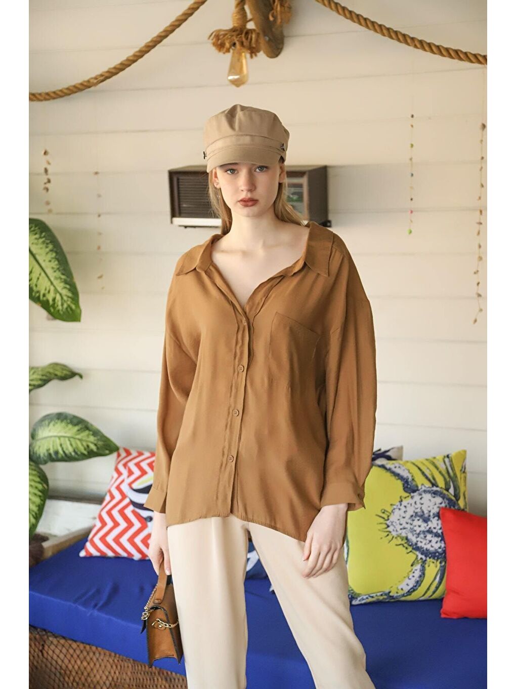 Kahverengi Kadın Kahve Owersize Uzun Basic Gömlek