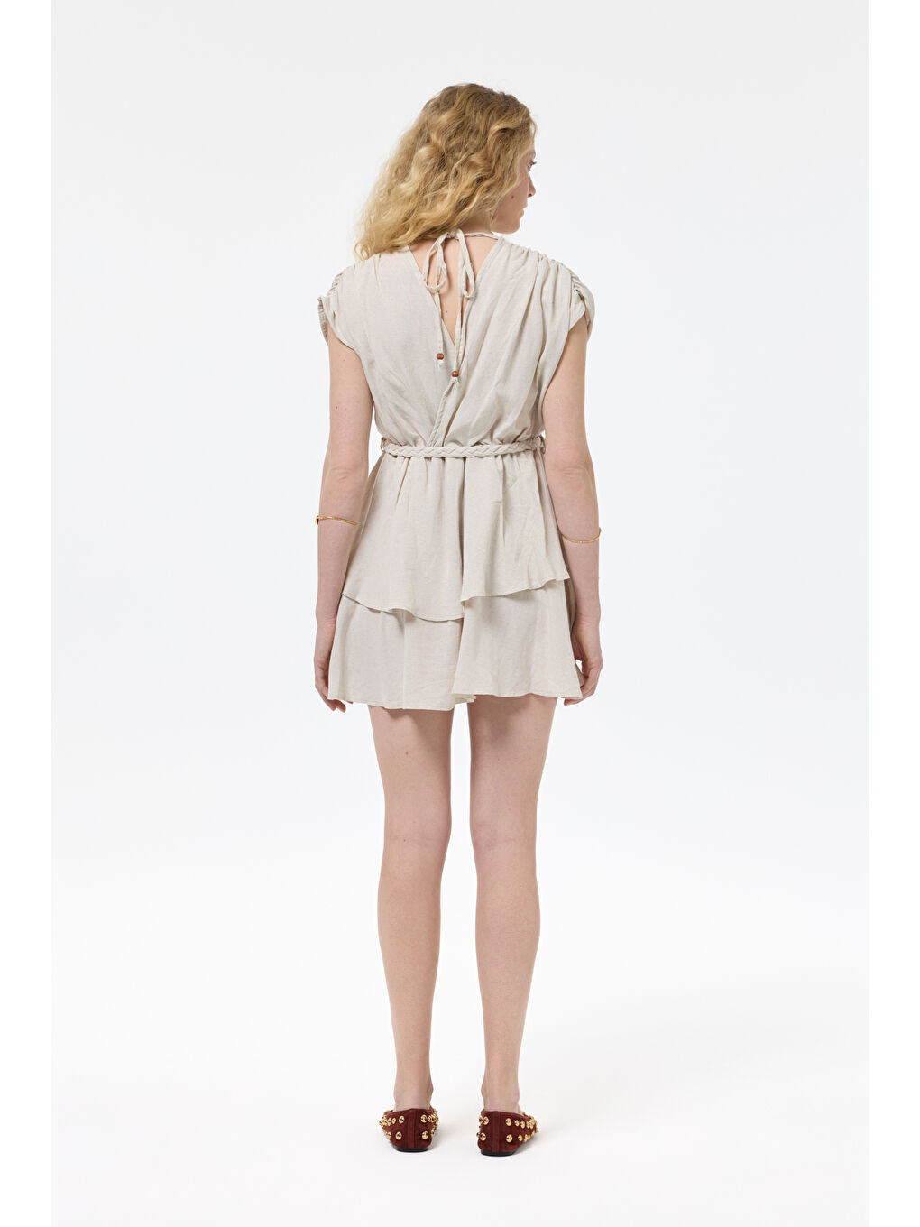 Bej Örgü Kemerli Piliseli Keten Elbise Naturel-4