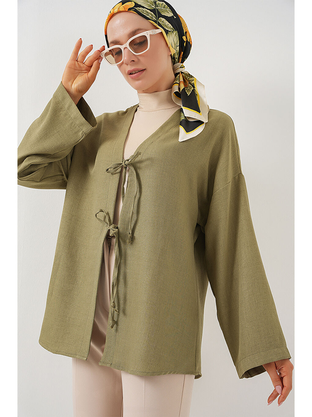 Yeşil Keten Tesettür Kimono 5968 - Çağla-2