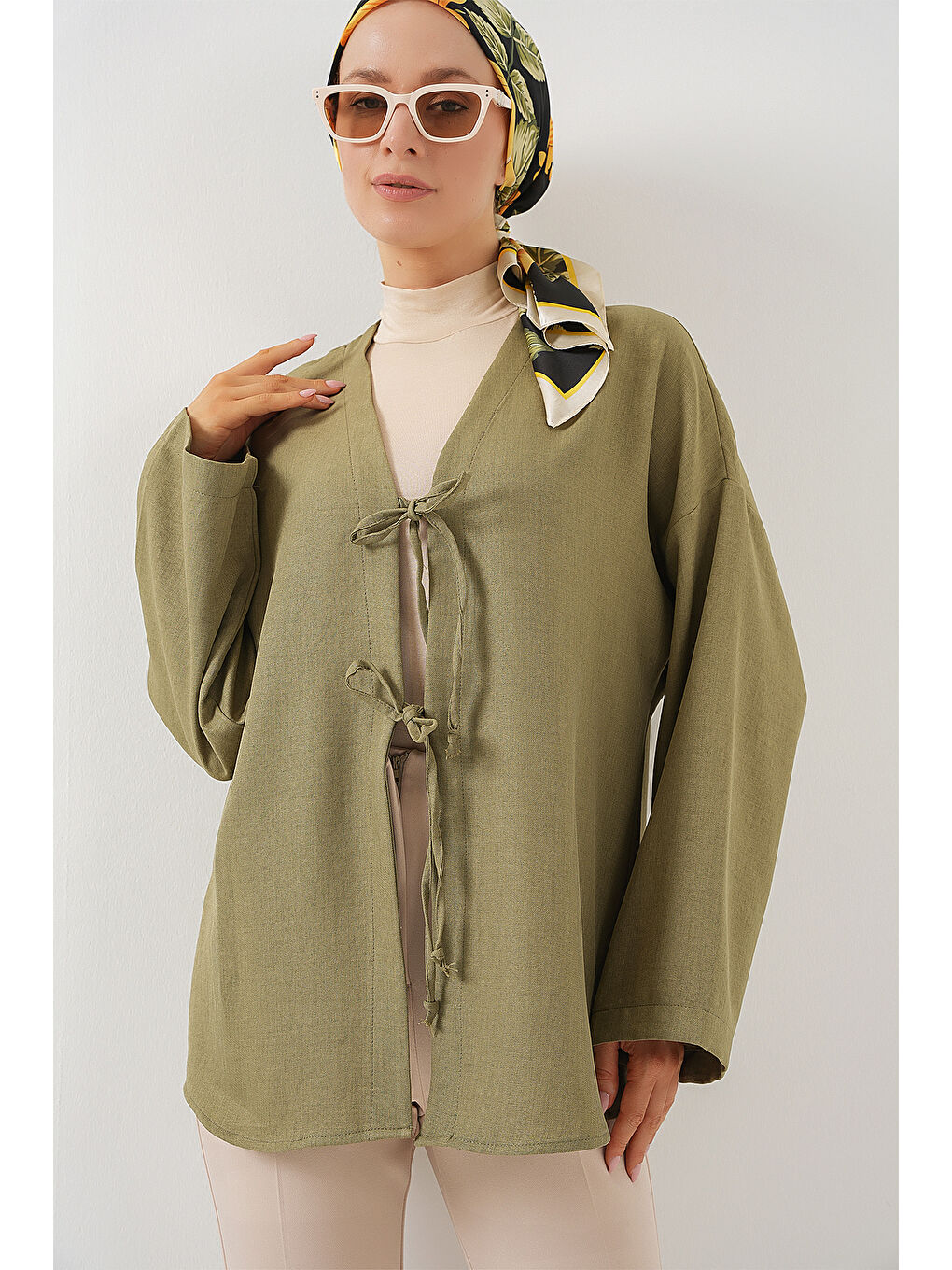 Yeşil Keten Tesettür Kimono 5968 - Çağla-3