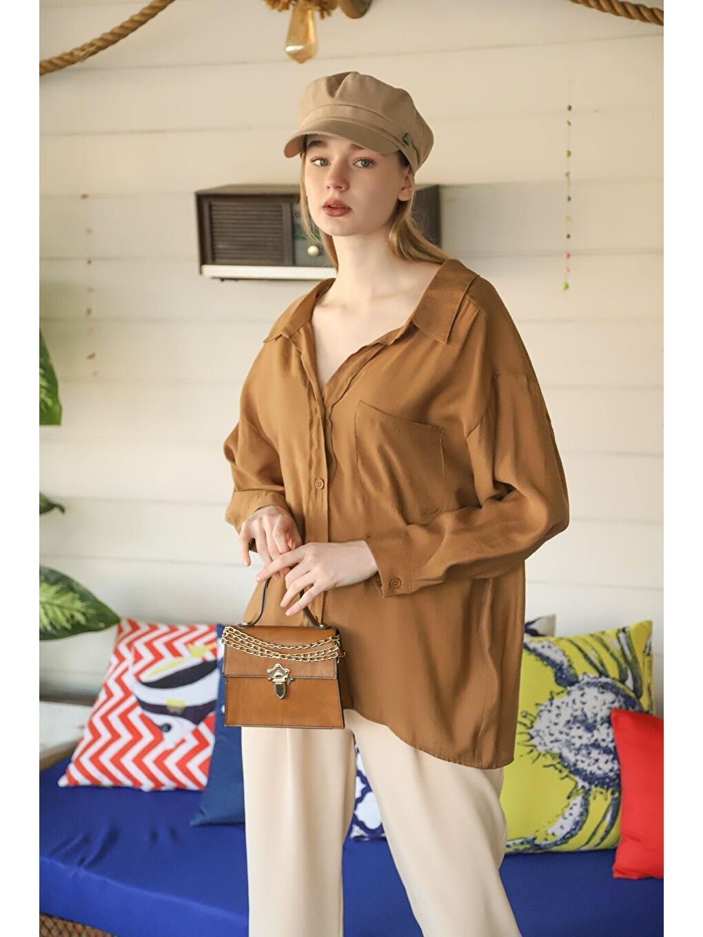 Kahverengi Kadın Kahve Owersize Uzun Basic Gömlek-1