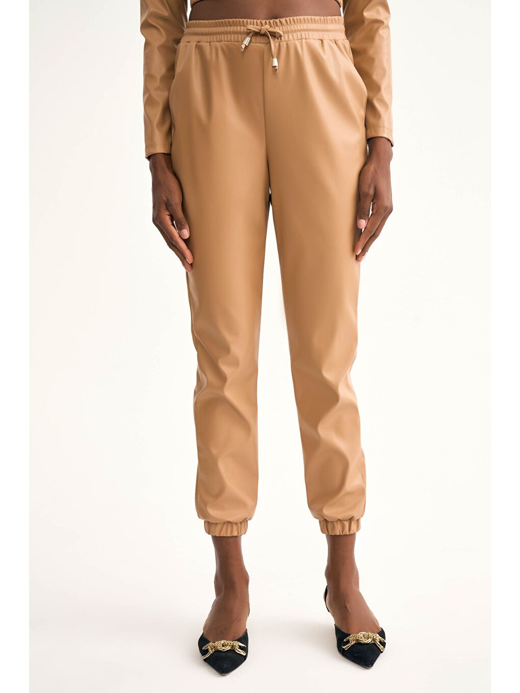 Deri Jogger Pantolon - Bej-5