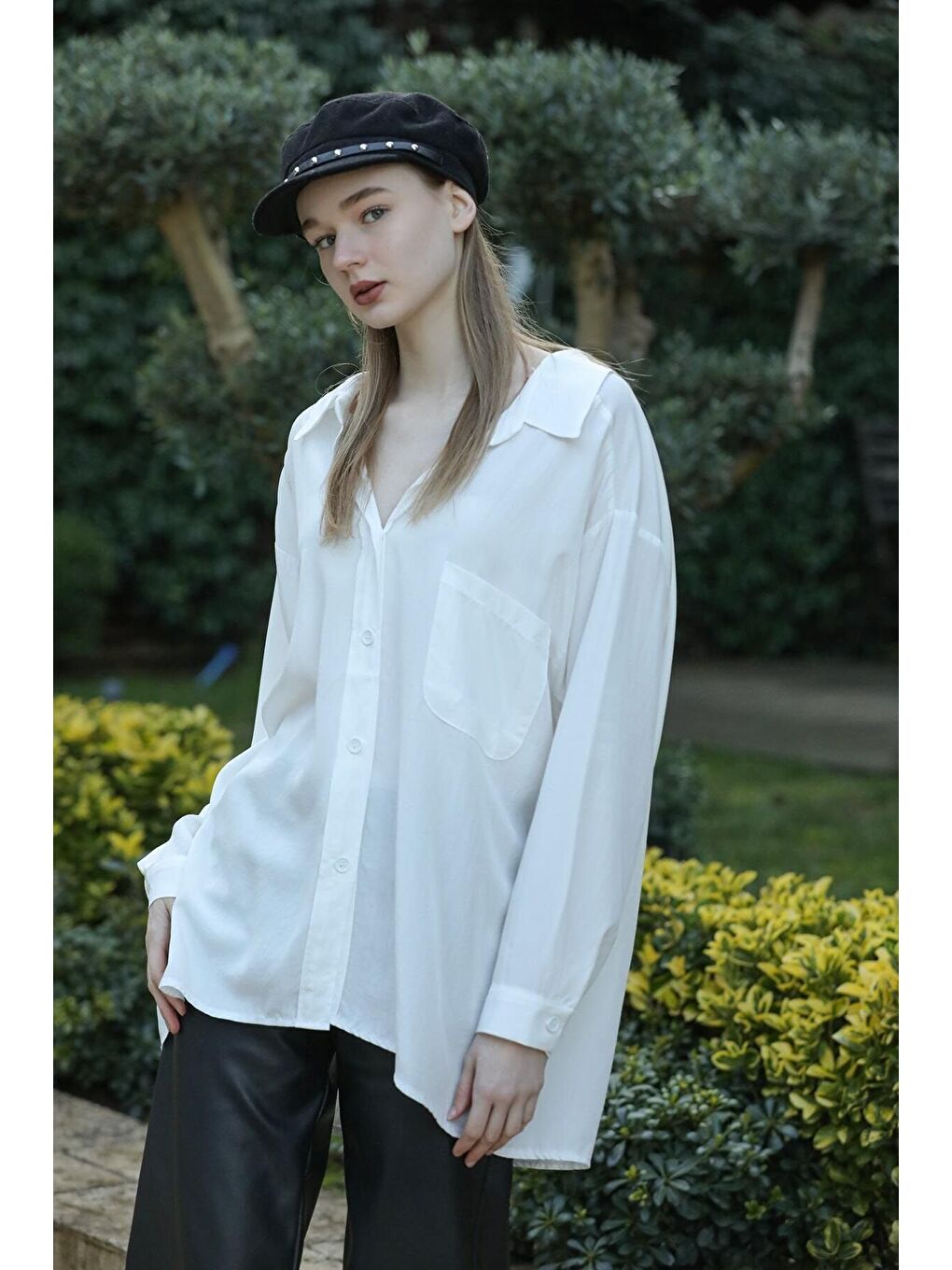 Kadın Beyaz Owersize Uzun Basic Gömlek-2