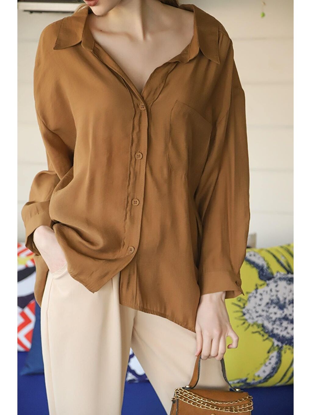 Kahverengi Kadın Kahve Owersize Uzun Basic Gömlek-2