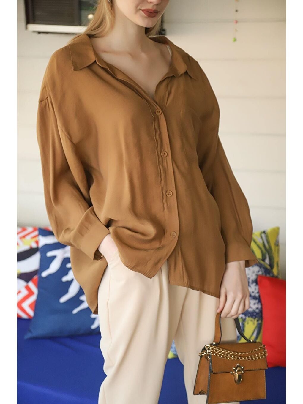 Kahverengi Kadın Kahve Owersize Uzun Basic Gömlek-3