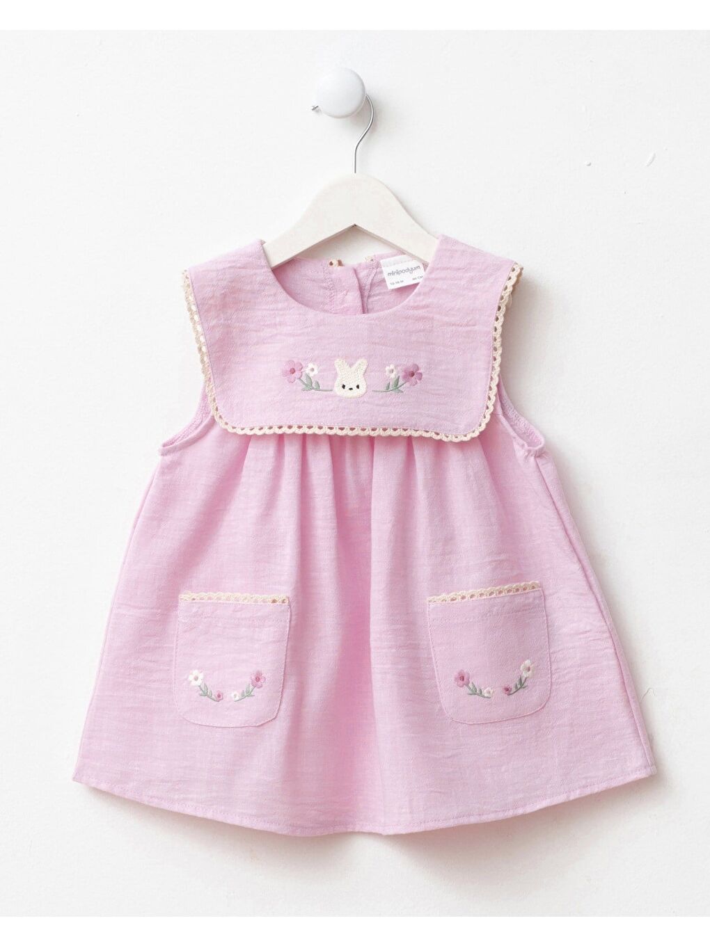 Kız Çocuk Pamuklu Pembe Tavşan Nakışlı Cepli Elbise-1
