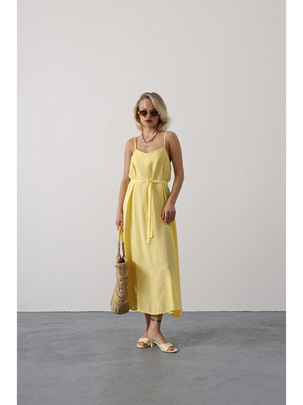 Askılı Basic Uzun Elbise - Sarı-1