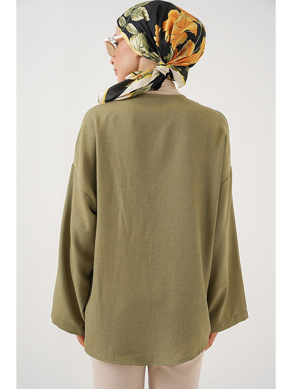 Yeşil Keten Tesettür Kimono 5968 - Çağla-5