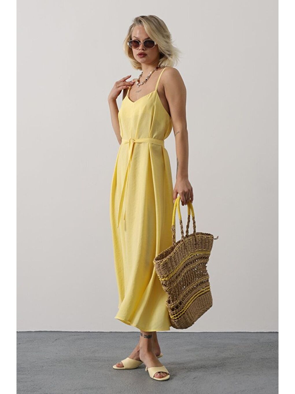Askılı Basic Uzun Elbise - Sarı-2