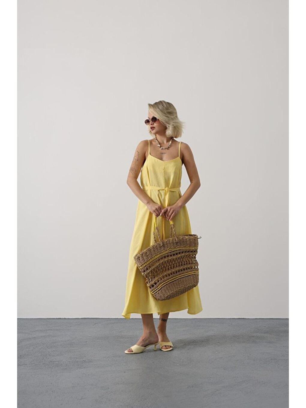 Askılı Basic Uzun Elbise - Sarı-3