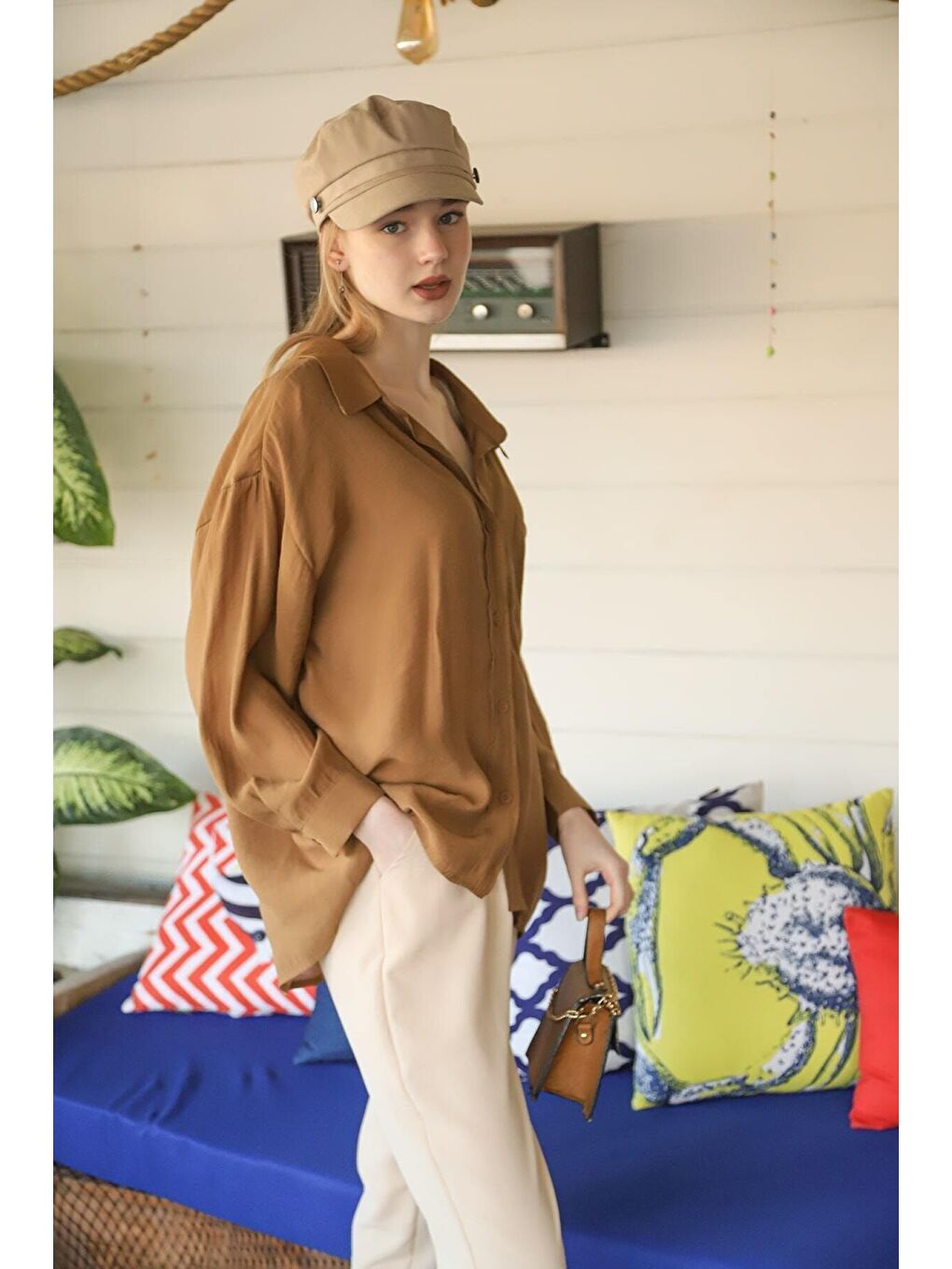 Kahverengi Kadın Kahve Owersize Uzun Basic Gömlek-4