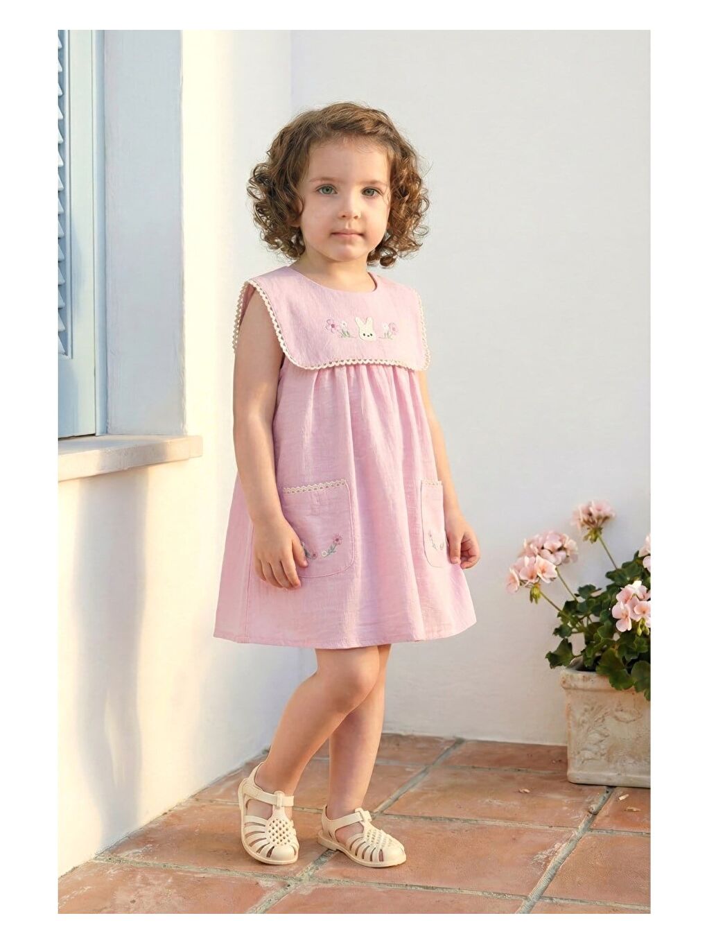 Kız Çocuk Pamuklu Pembe Tavşan Nakışlı Cepli Elbise-2