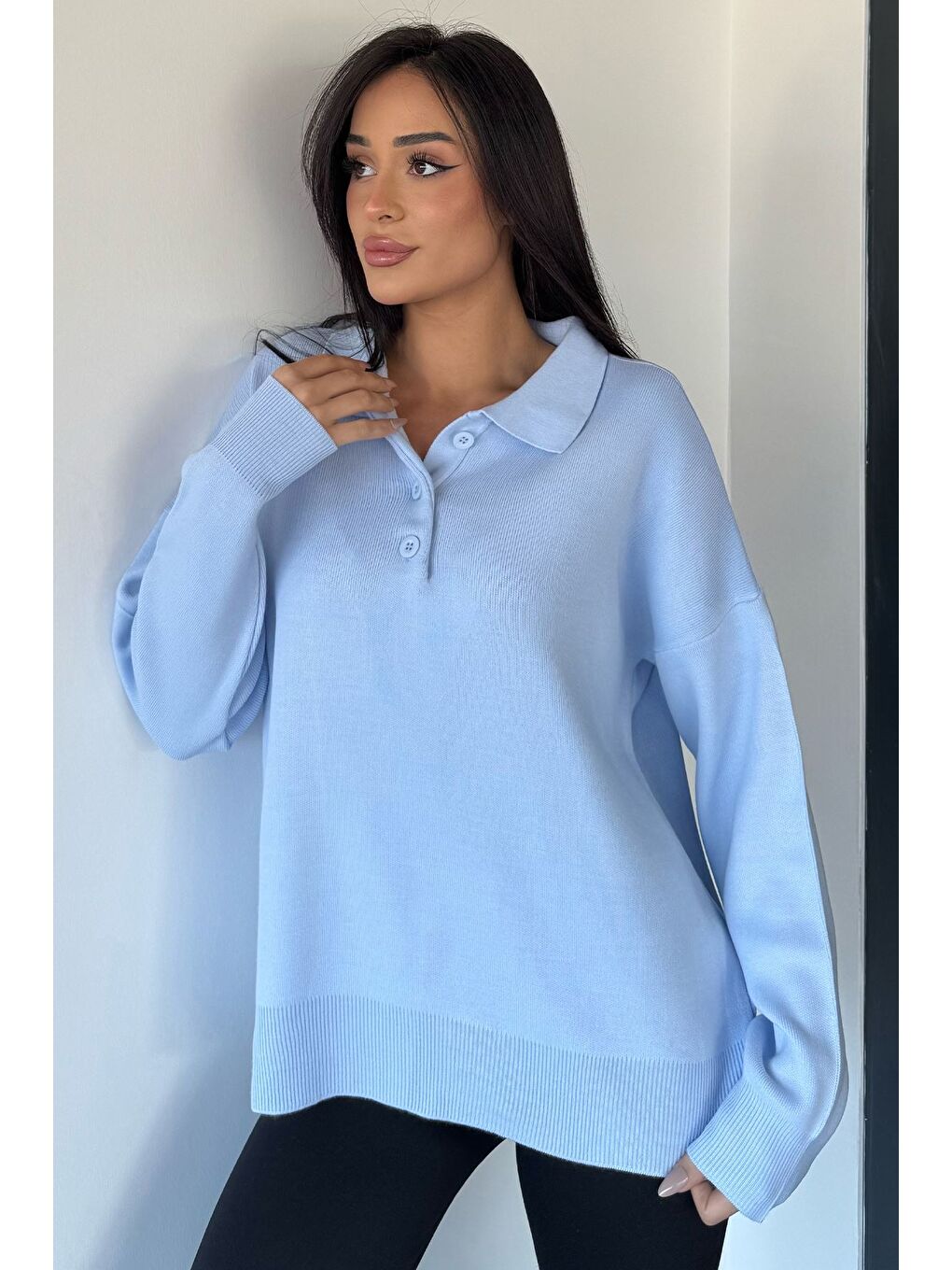 Mavi Kadın Yarım Düğmeli Triko Kazak-1