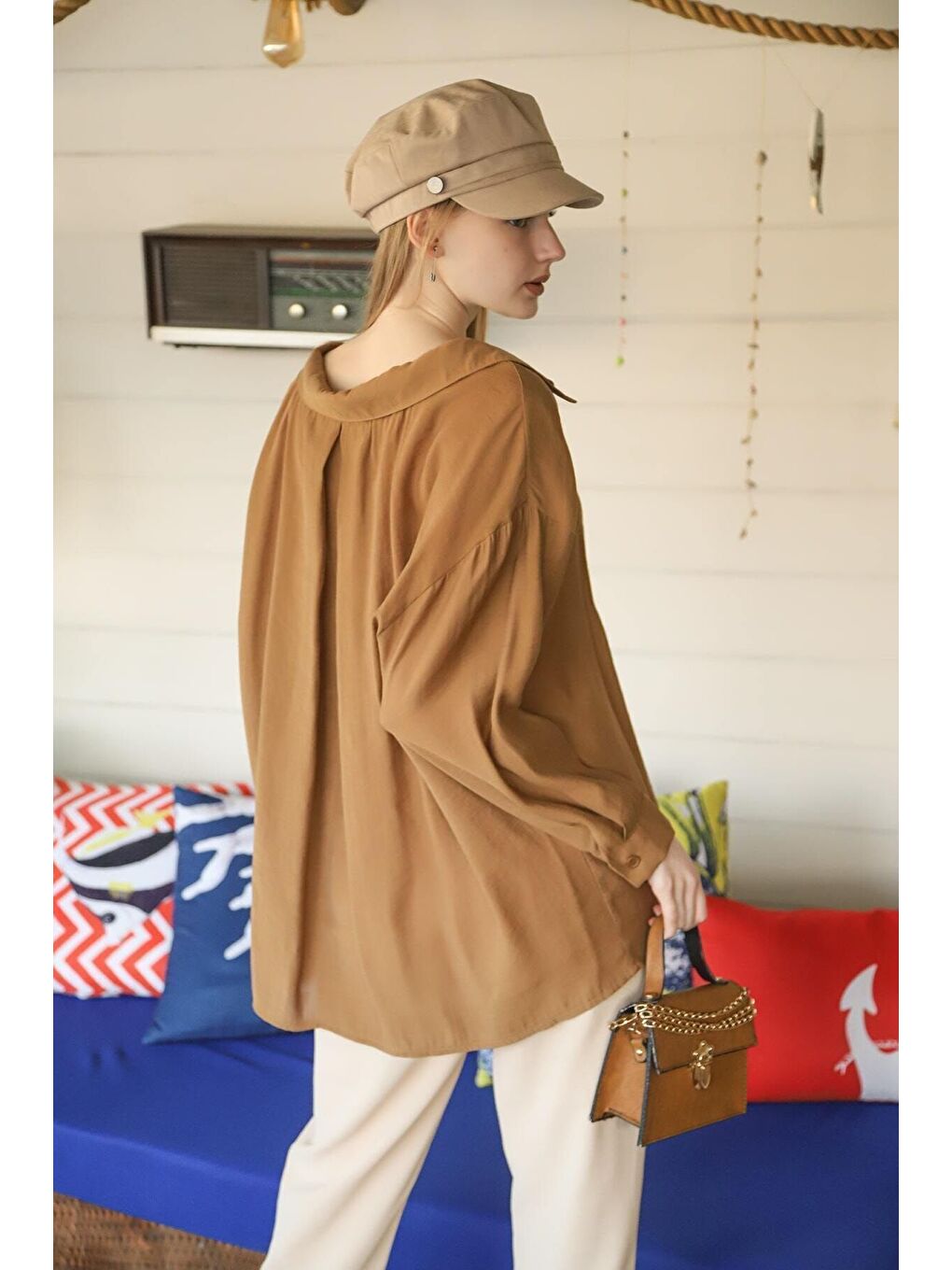 Kahverengi Kadın Kahve Owersize Uzun Basic Gömlek-5