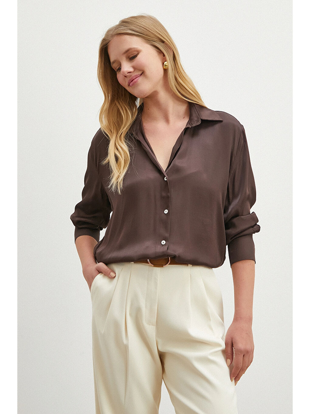 Karışık Viskon Saten Gömlek Kahve