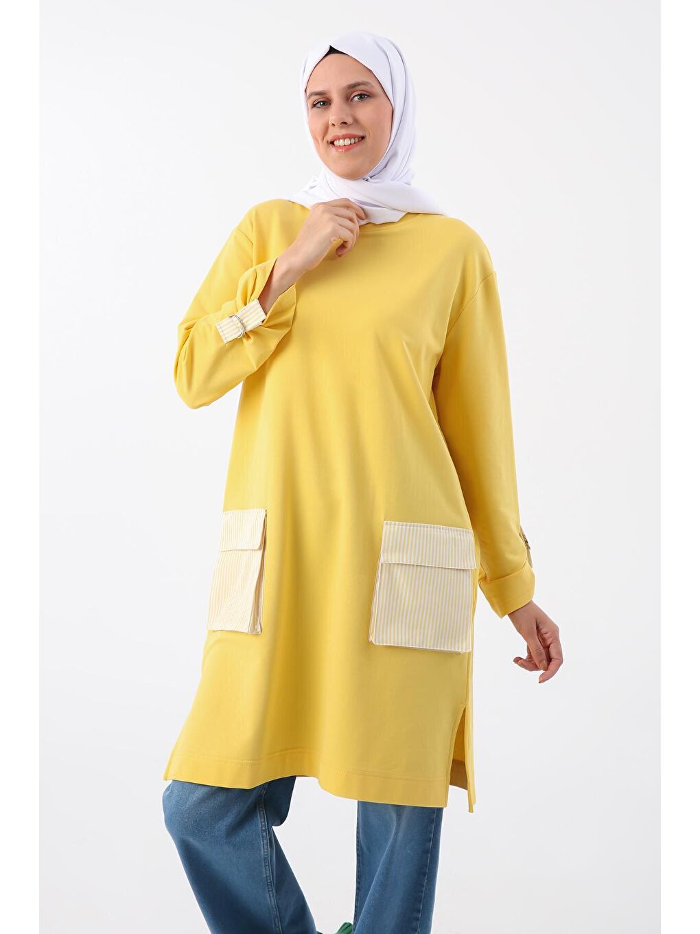 Sarı Kolları Apoletli Çizgili Cepli Tunik-4