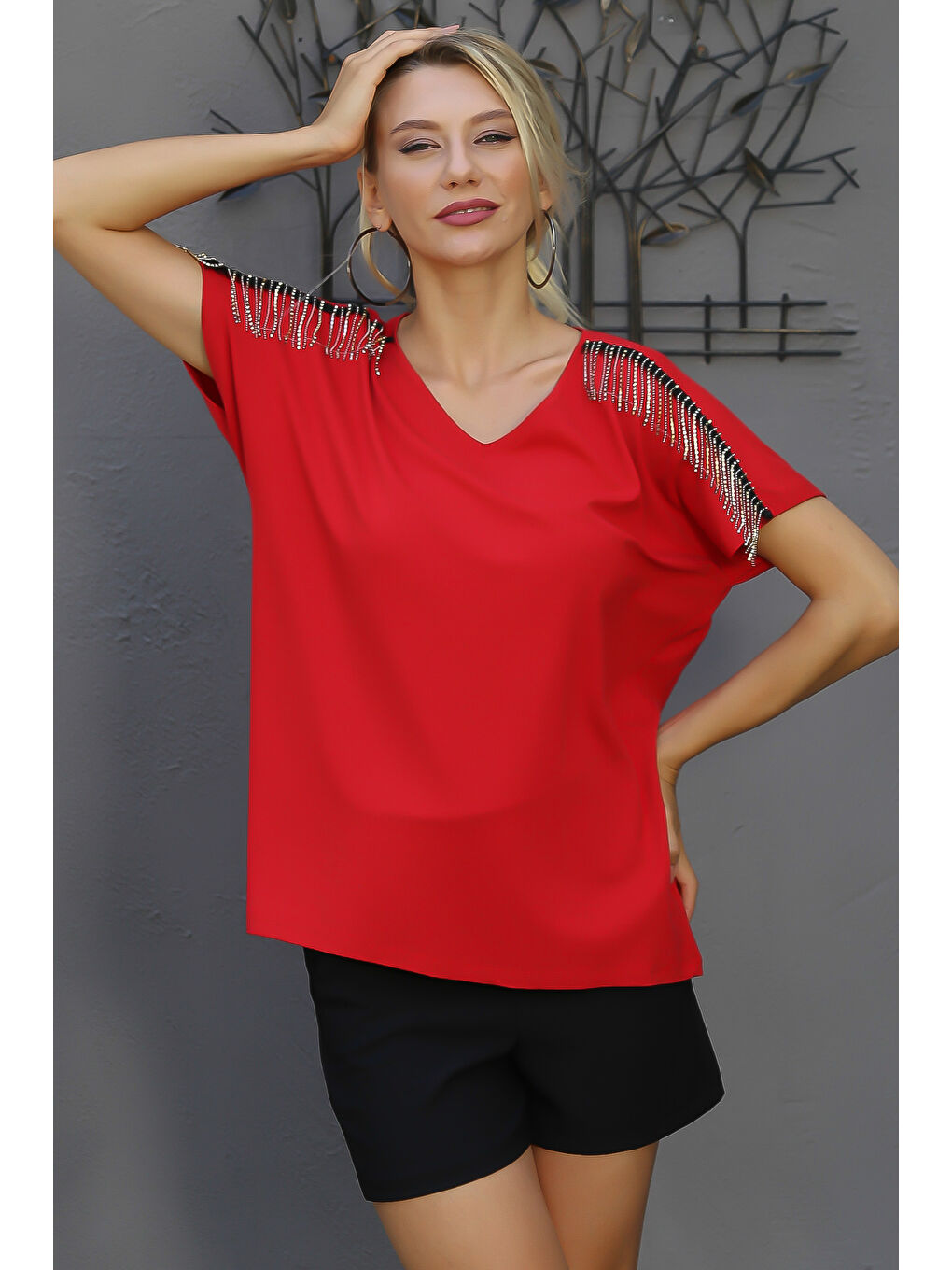 Kırmızı V Yaka Düşük Kol Düz Renk Örme Bluz