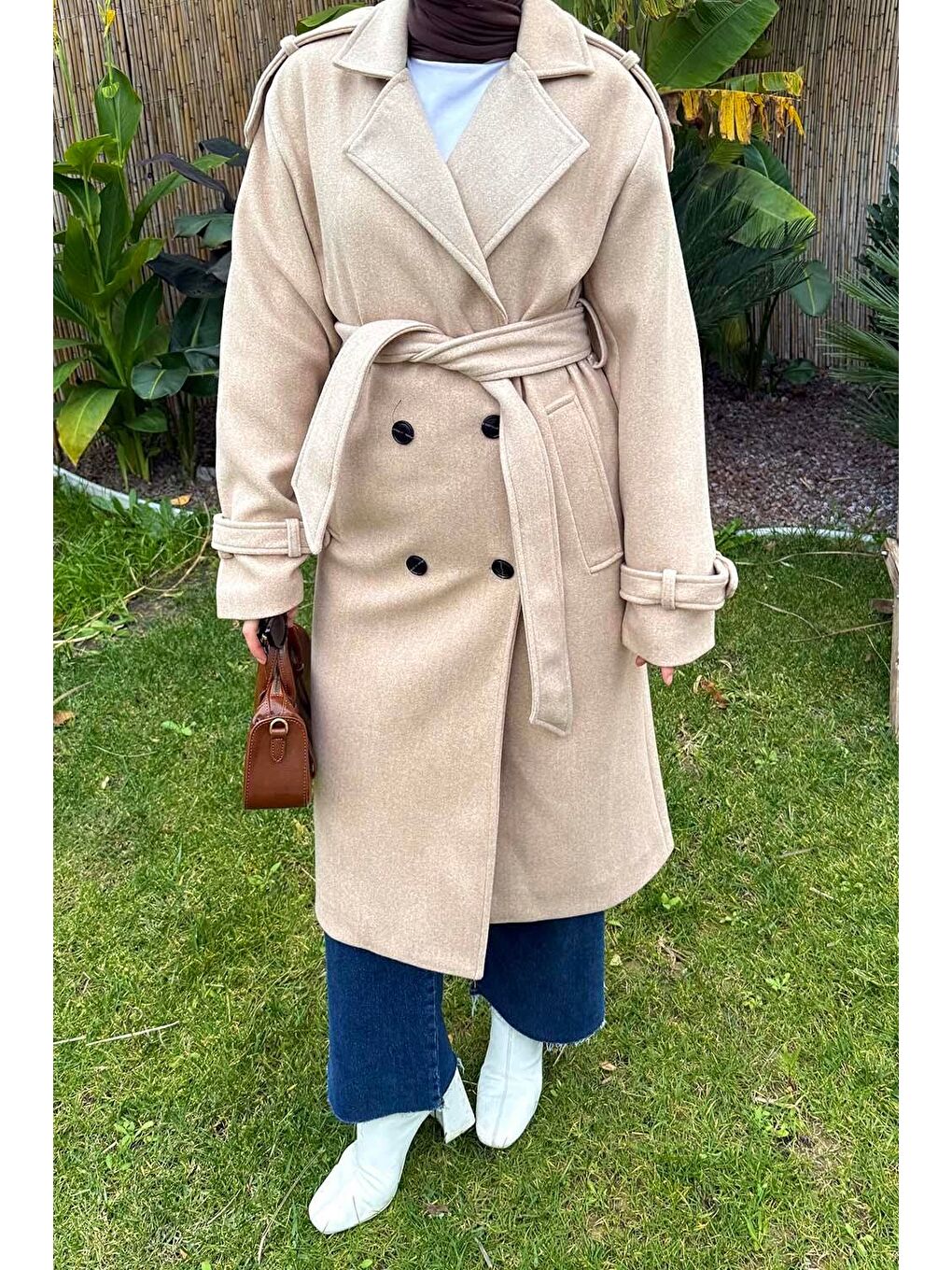 Kahverengi Bağlama Detaylı Kaşe Kaban Sütlü Kahve-1