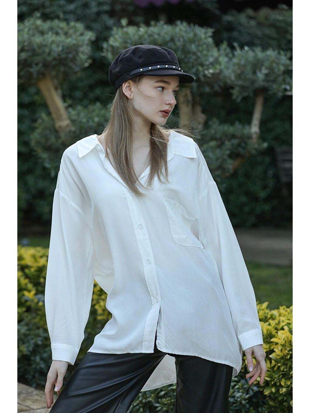 Kadın Beyaz Owersize Uzun Basic Gömlek-4