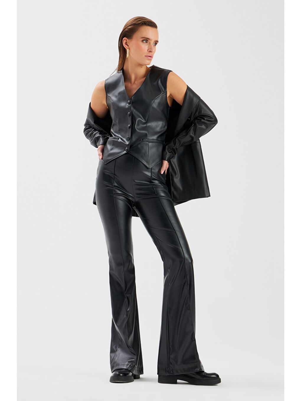 İspanyol Paça Deri Pantolon - Siyah