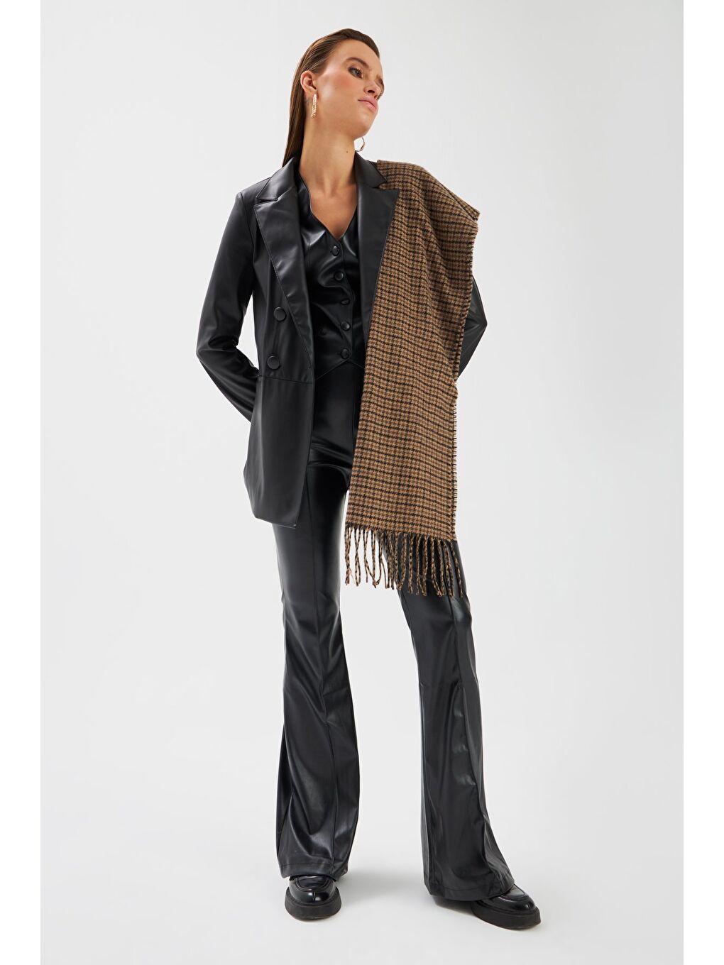 İspanyol Paça Deri Pantolon - Siyah-2