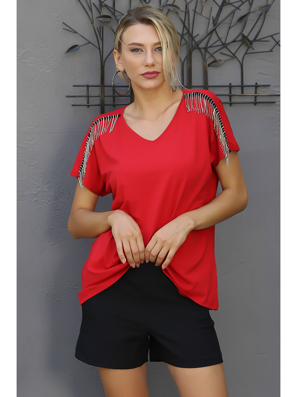 Kırmızı V Yaka Düşük Kol Düz Renk Örme Bluz-2