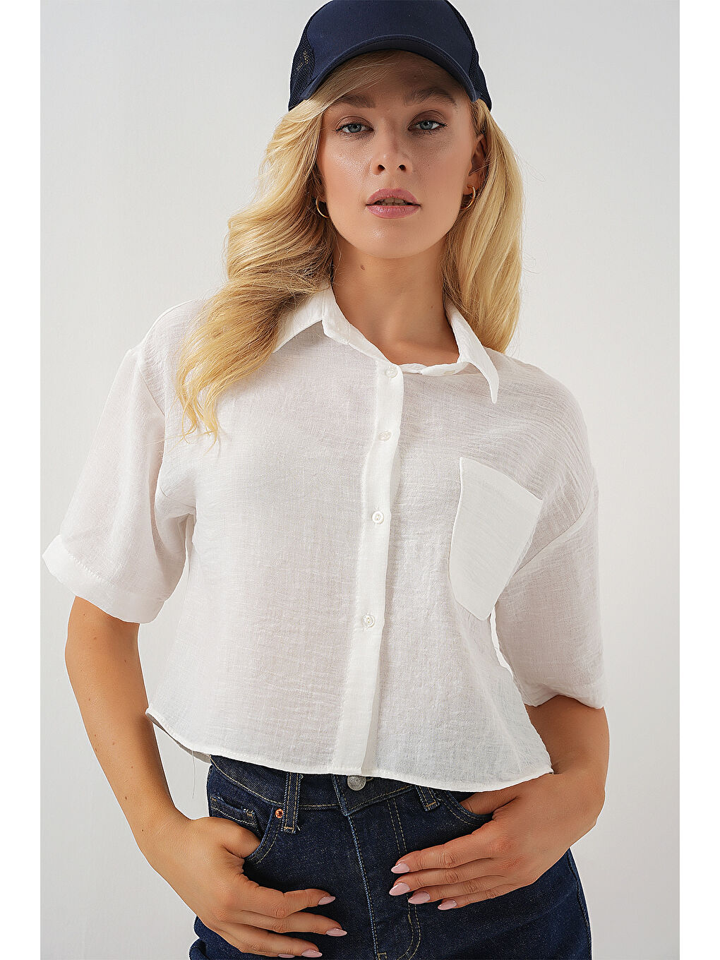 Kadın Kısa Kol Crop Gömlek 20341 - Beyaz