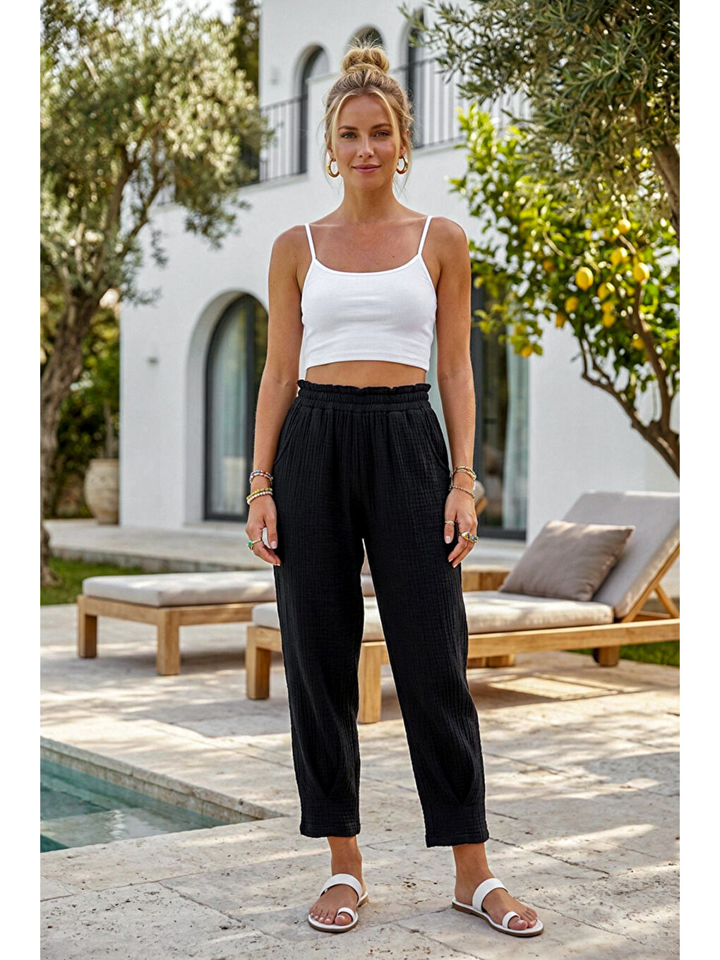 Siyah Cepli Paçası Dikişli Lastikli Bel Şalvar Paça Casual Müslin Dokuma Pantolon 94 63-1