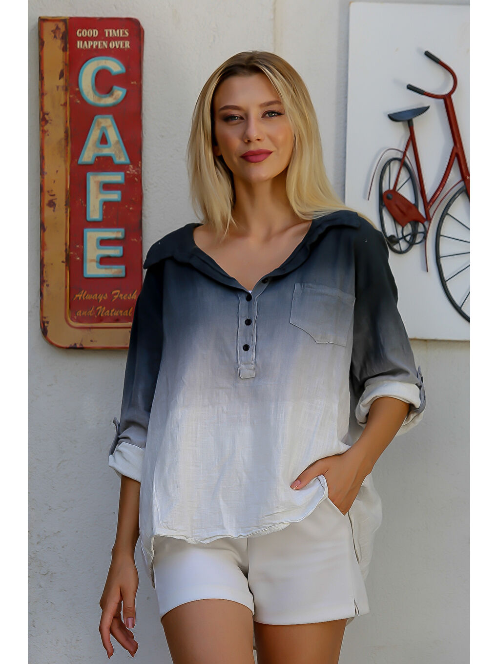 Beyaz-Antrasit Gömlek Yaka Uzun Kol Batik Düğmeli Tek Cepli Dokuma Bluz-2