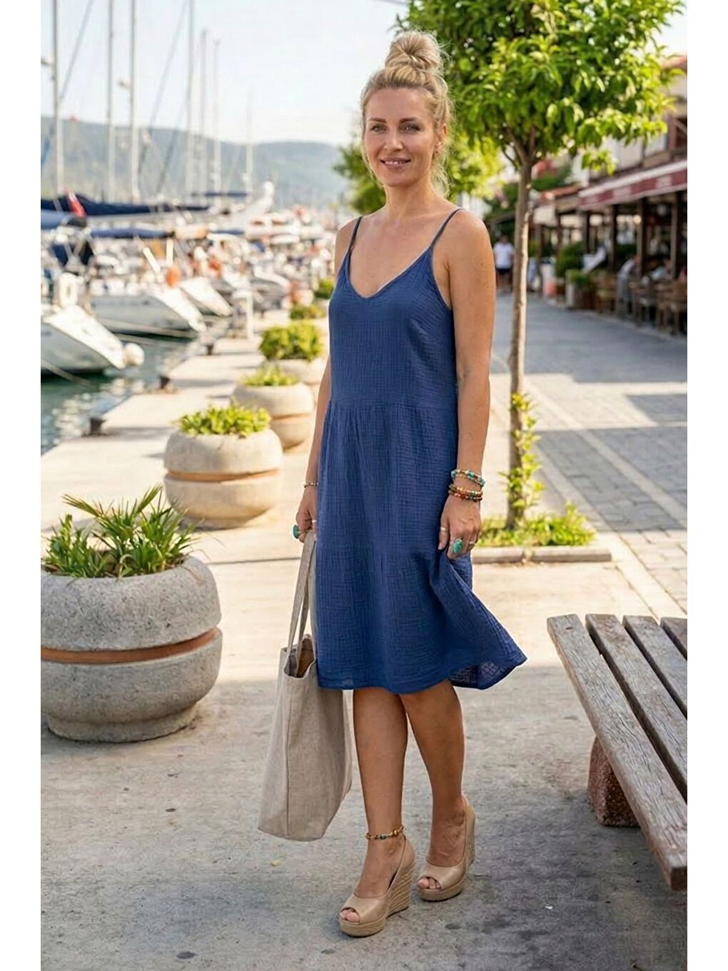 Lacivert Askılı Eteği Fırfırlı Ayarlanabilir Askılı Casual Müslin Dokuma Elbise 98 55-2