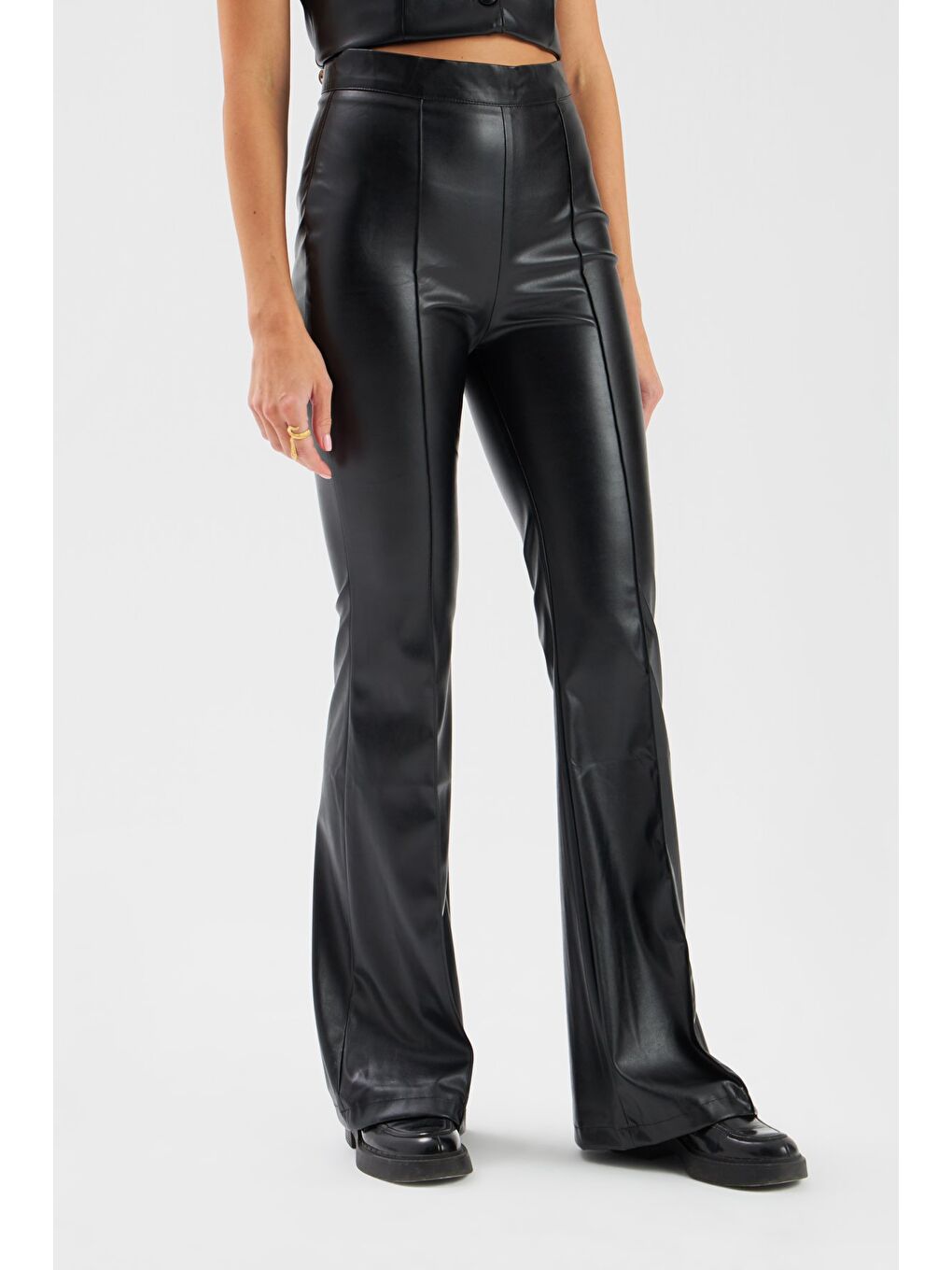 İspanyol Paça Deri Pantolon - Siyah-5