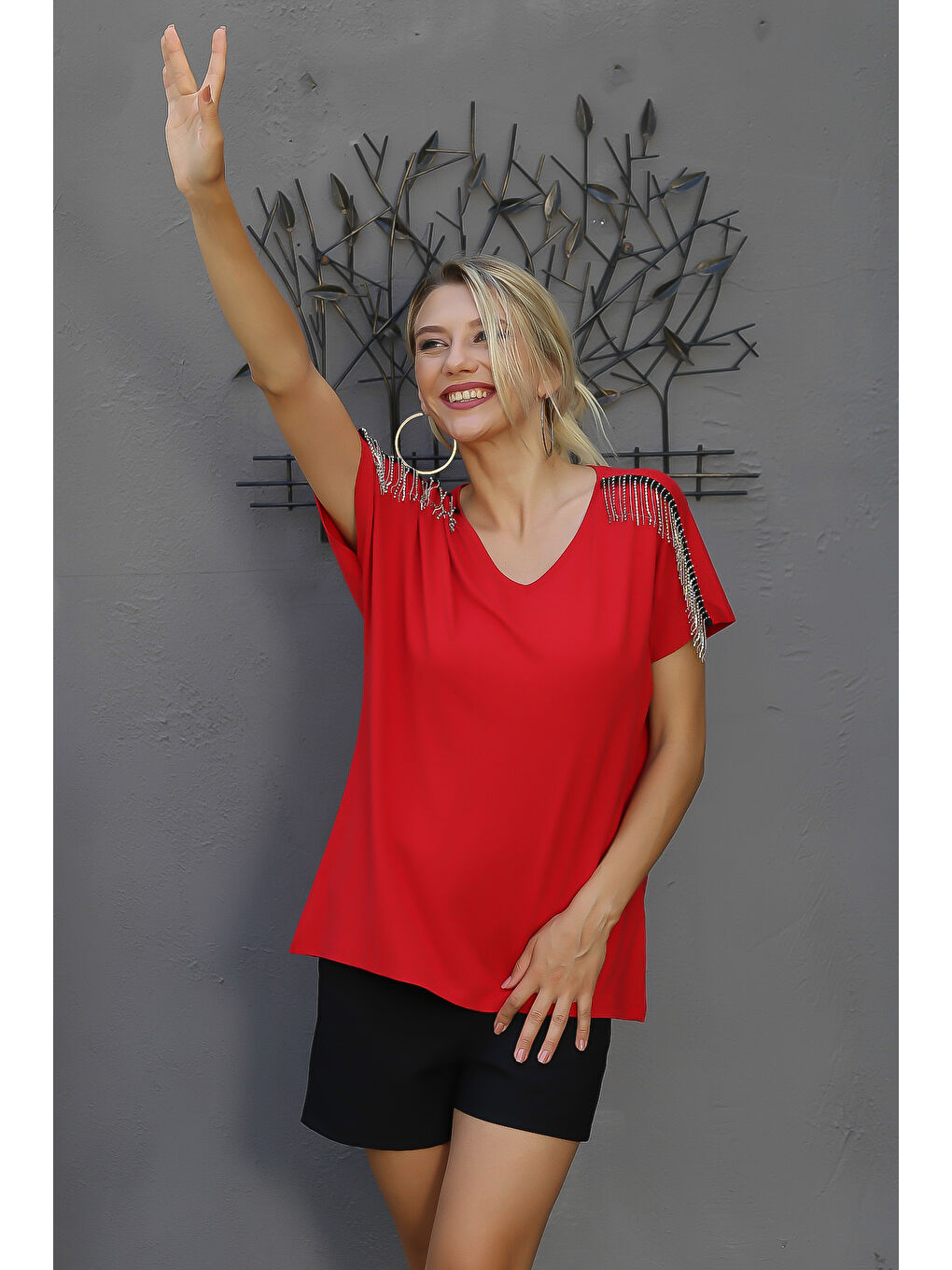 Kırmızı V Yaka Düşük Kol Düz Renk Örme Bluz-3