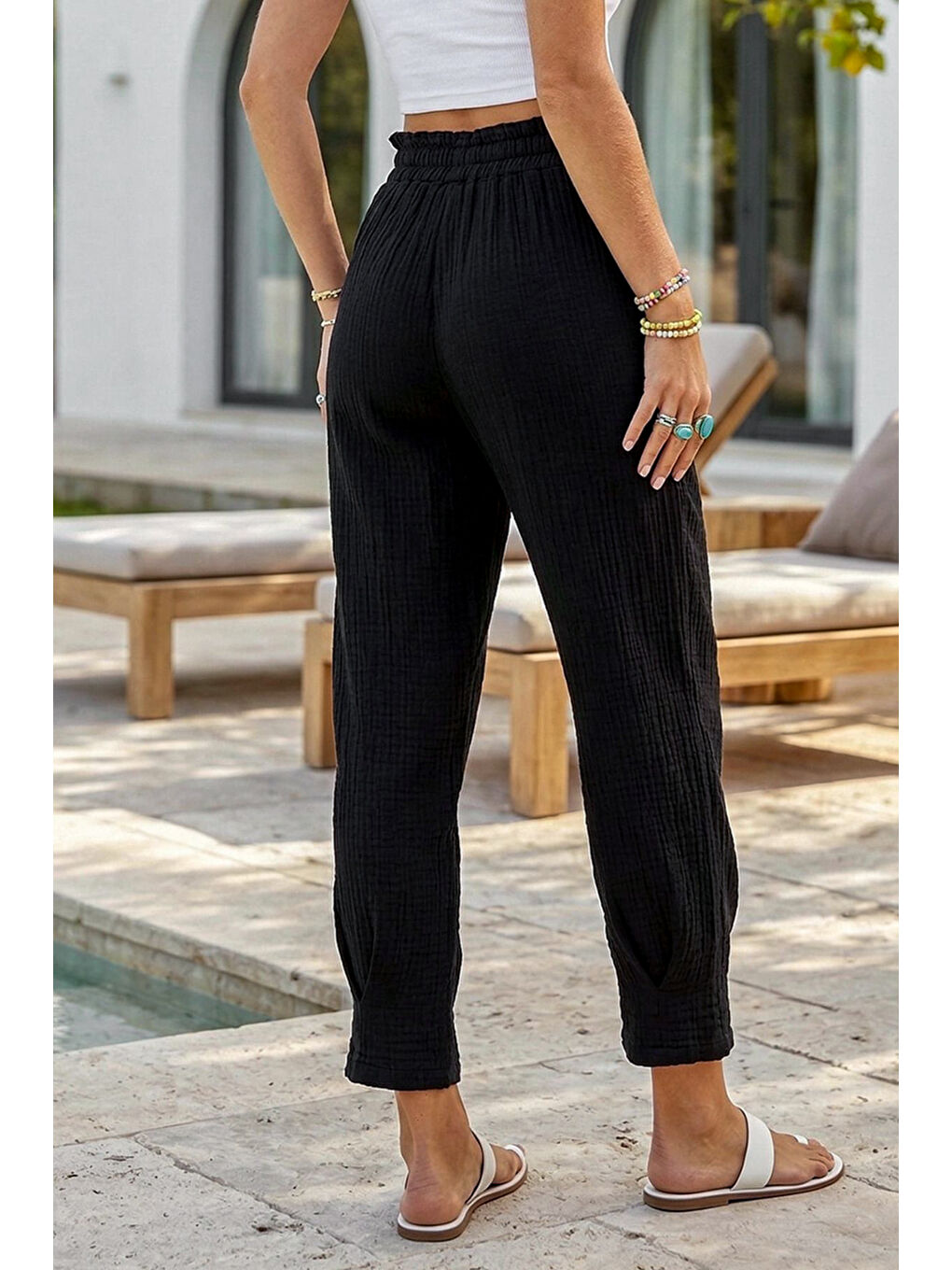 Siyah Cepli Paçası Dikişli Lastikli Bel Şalvar Paça Casual Müslin Dokuma Pantolon 94 63-2