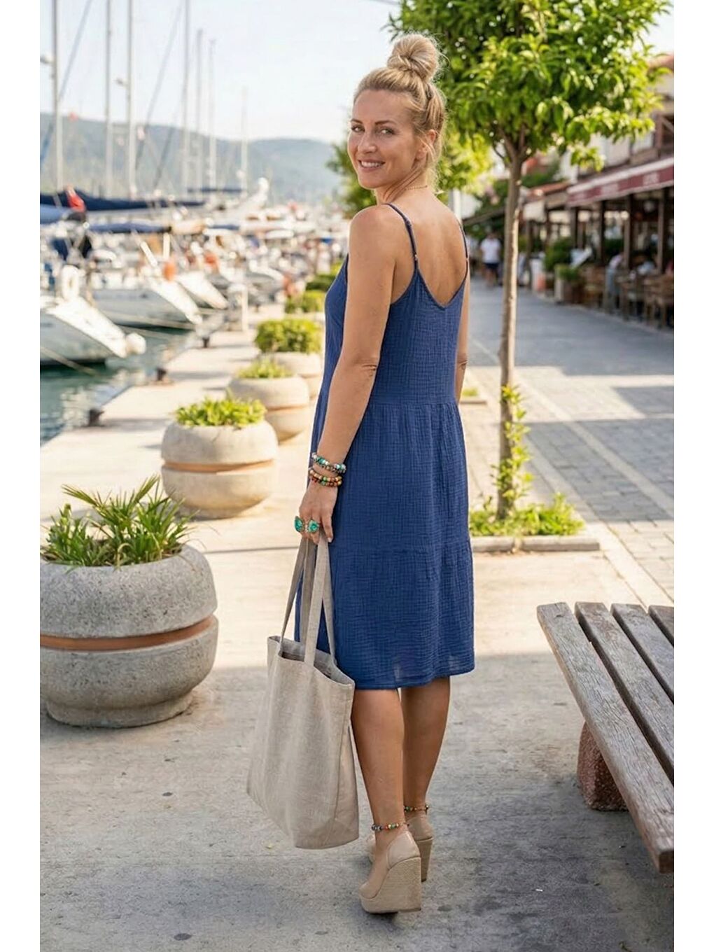 Lacivert Askılı Eteği Fırfırlı Ayarlanabilir Askılı Casual Müslin Dokuma Elbise 98 55-3