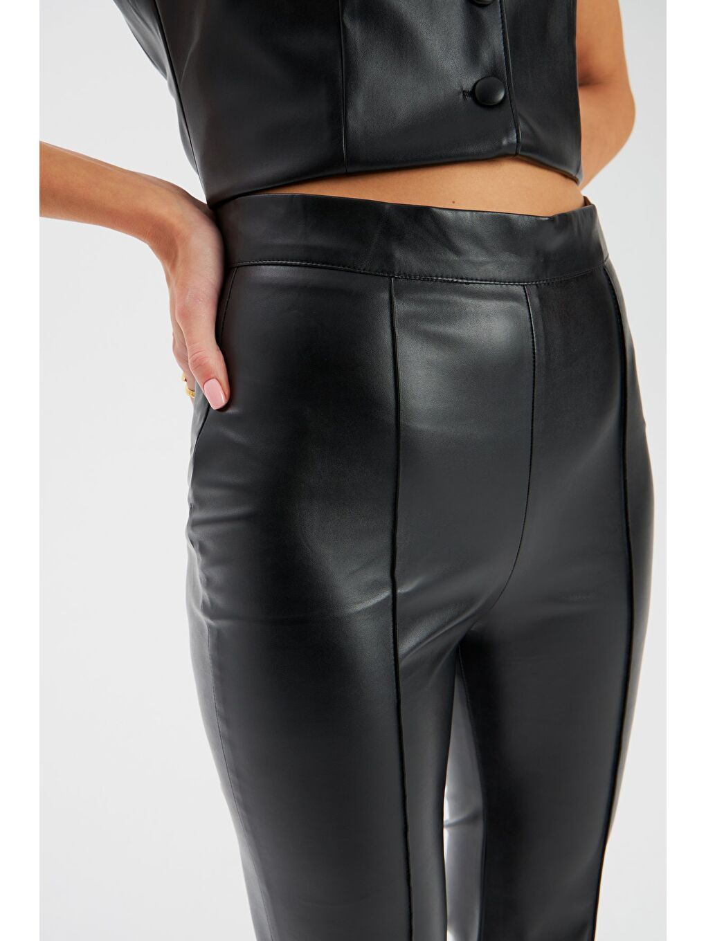 İspanyol Paça Deri Pantolon - Siyah-6