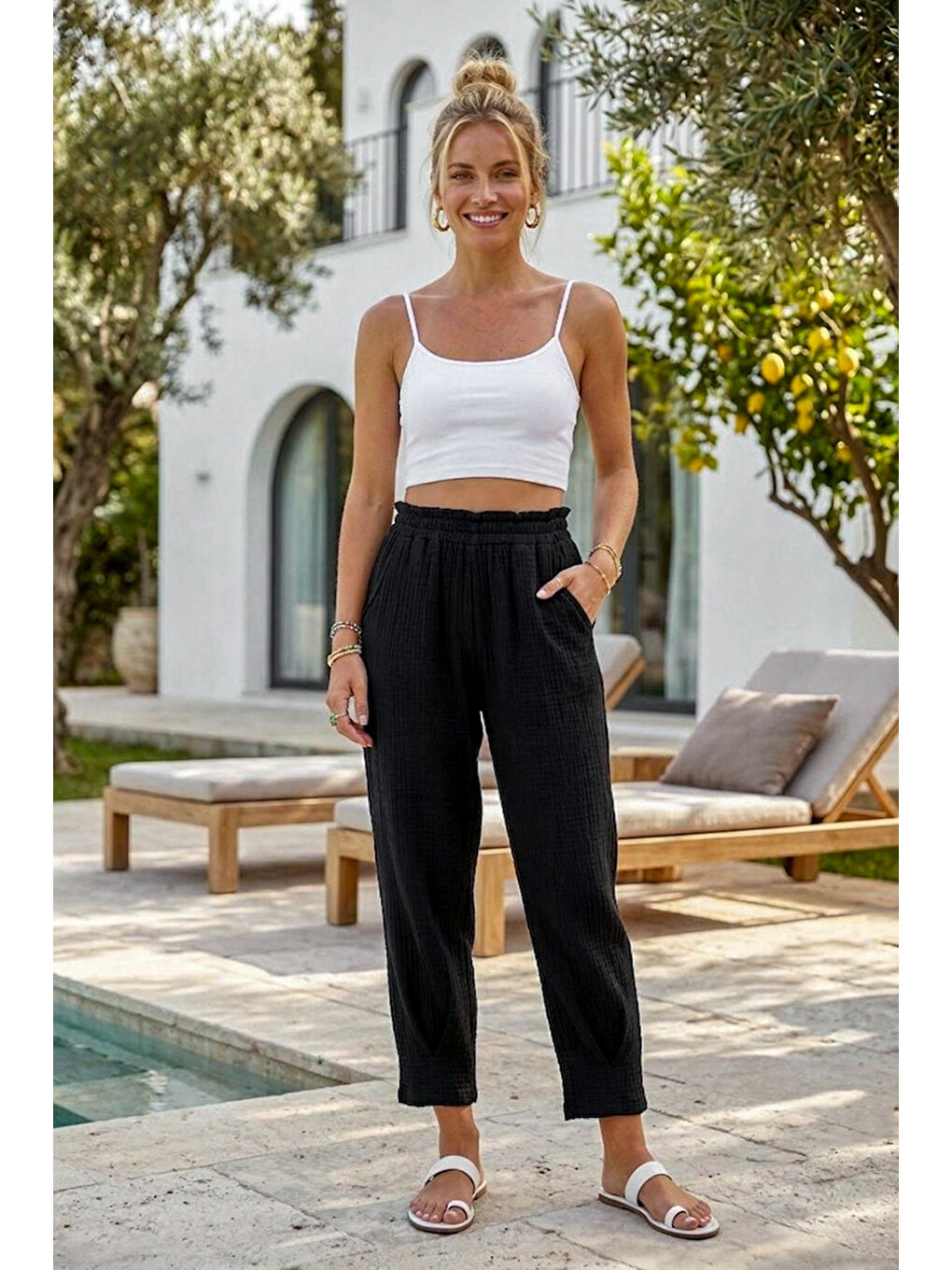 Siyah Cepli Paçası Dikişli Lastikli Bel Şalvar Paça Casual Müslin Dokuma Pantolon 94 63-3