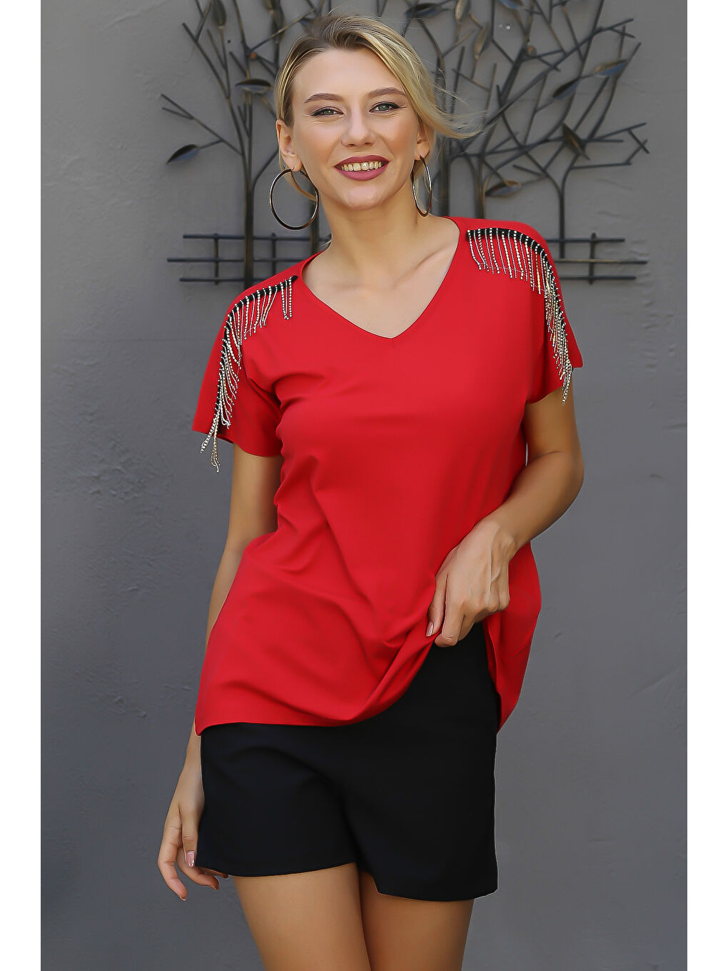 Kırmızı V Yaka Düşük Kol Düz Renk Örme Bluz-4