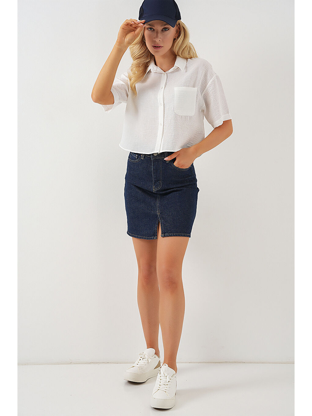 Kadın Kısa Kol Crop Gömlek 20341 - Beyaz-1