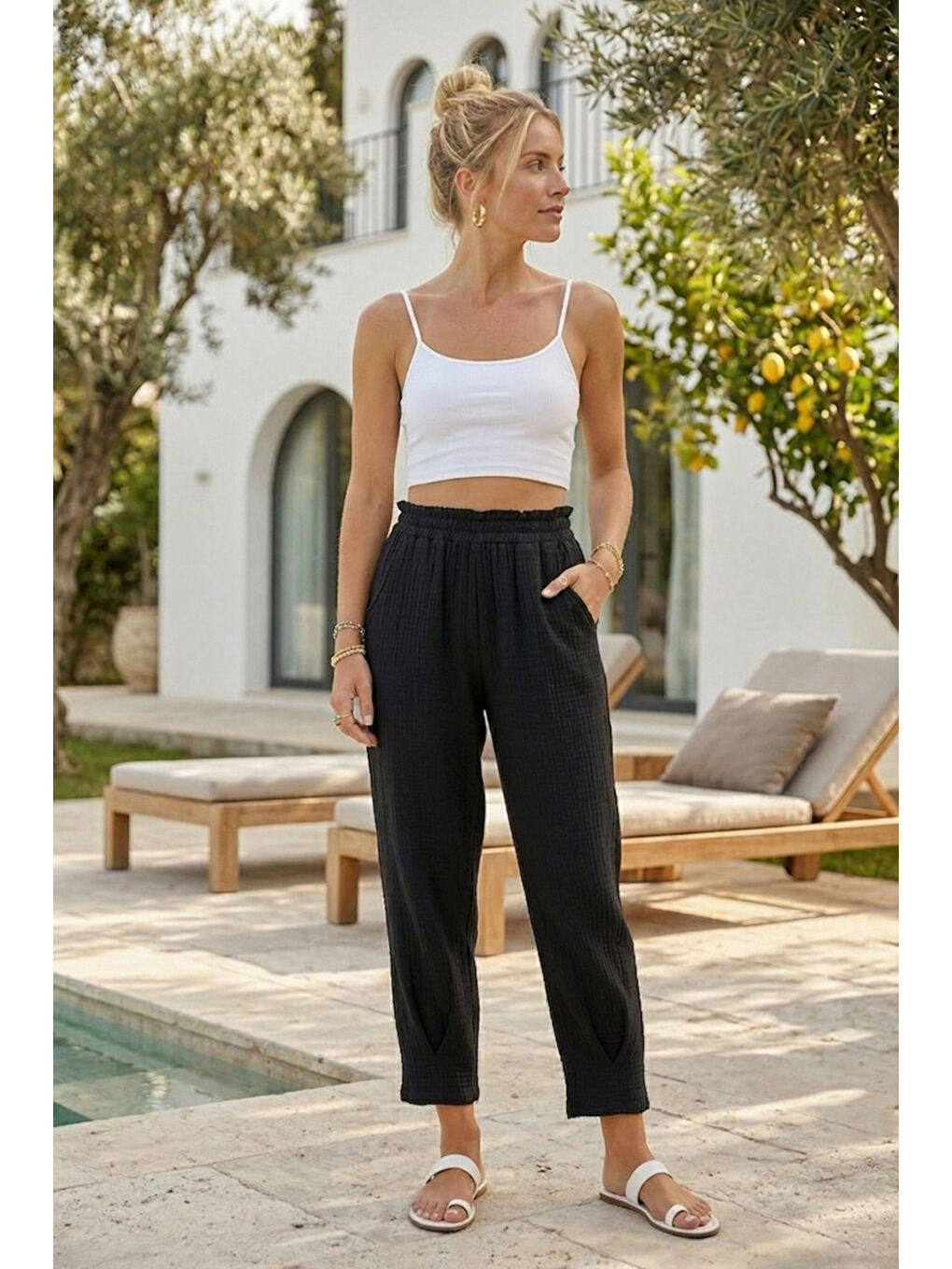 Siyah Cepli Paçası Dikişli Lastikli Bel Şalvar Paça Casual Müslin Dokuma Pantolon 94 63-4